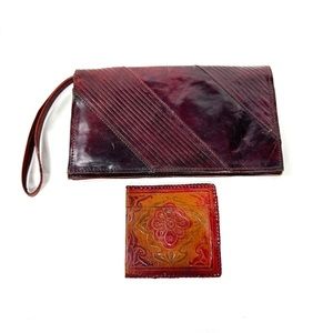 Vintage Leather Wristlet Clutch & Floral Wallet Set Wine Red
